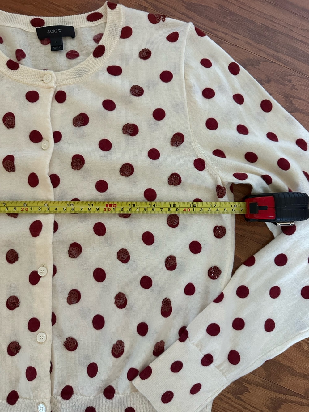 J. Crew 100% Merino Wool Polka Dot Sequin Tippi Cardigan Red Cream Large - Picture 7 of 10